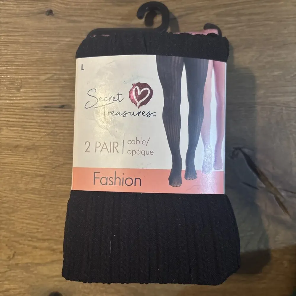 Secret Treasures Women's Black Cable & Mauve Opaque 2pk Tights Size Large